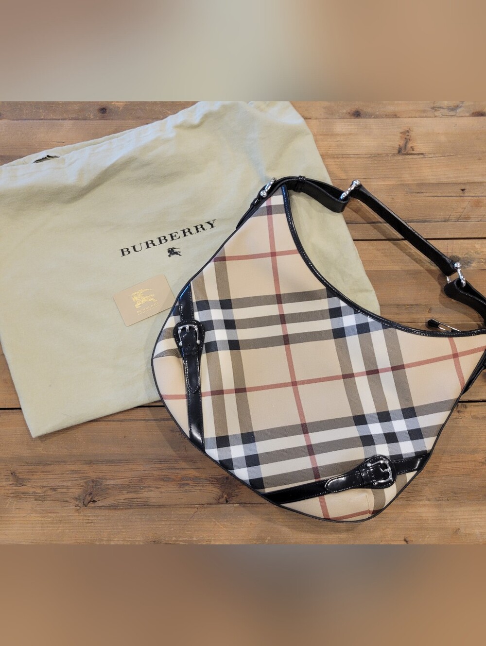 Authentic Burberry Beige Check Shoulder Bag with Black Trim